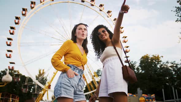 Two Females in Casual Outfit are Posing in Park Against a Ferris Wheel