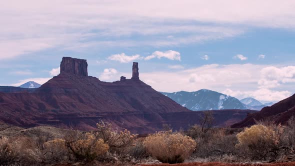 Zoomed time lapse view of Castleton Tower in the Utah desert