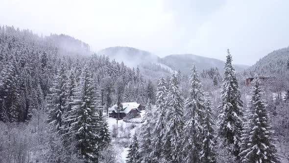 Flight Over Forest and a Village in a Mountain Valley in Winter