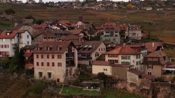 Aerial jib up of small town located between vinyards. Shot in Lavaux Vinorama, Switzerland