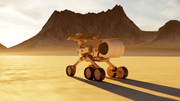 Planetary rover moving very fast through the rocky desert on the alien planet.
