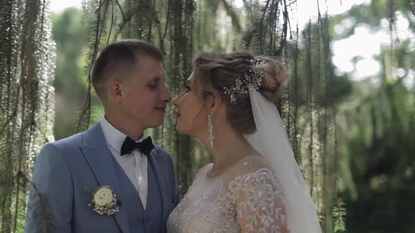 Newlyweds, Caucasian Groom with Bride in the Park, Wedding Couple, Happy Family