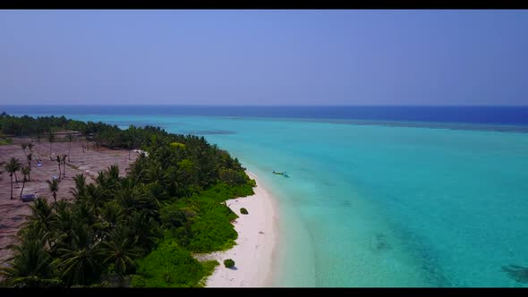 Aerial travel of luxury lagoon beach trip by blue sea and white sandy background of a dayout near pa