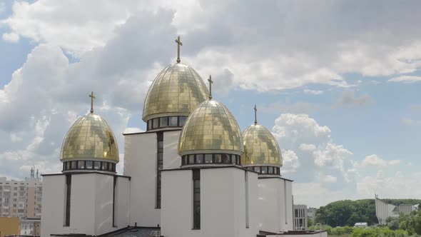 Dome of Church Aerial View Traditional Old Church in City Lviv Ukraine Cloudy Sky Background