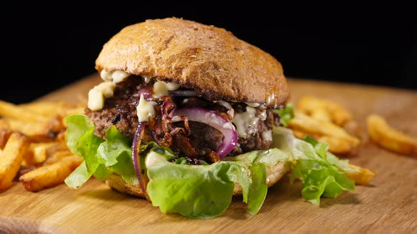 Beef and Onion Hamburger with French Fries