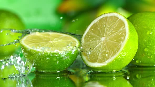 Super Slow Motion Shot of Water Splashing on Fresh Lime 1000Fps.