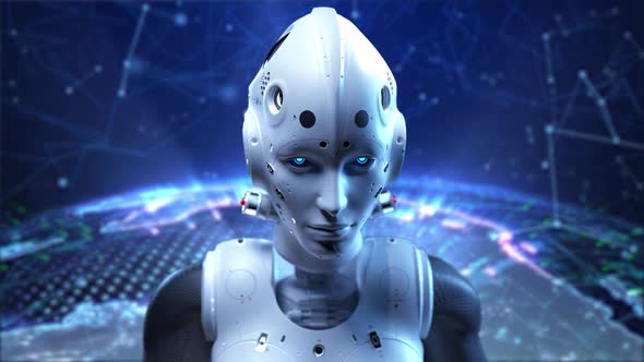 the face of a female robot. angry look digital background