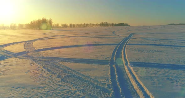 Aerial Drone View of Cold Winter Landscape with Arctic Field, Trees Covered with Frost Snow 