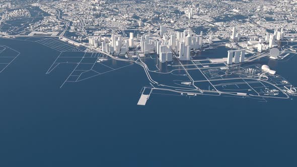 City of Singapore. stylized animation of the city view from a cruising altitude