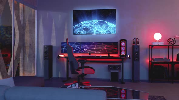 Gamer Room Interior With Neon Lights