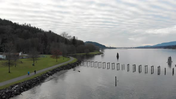 Various drone shots around Barnet Marine Park in Burnaby, British Columbia, Canada. Beautiful lush g