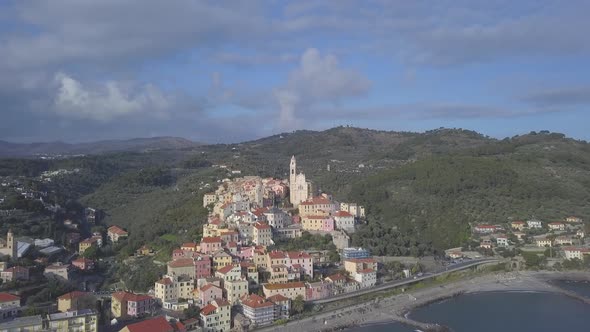 Cervo aerial view medieval old city town in Imperia, Liguria, Italy and baroque church