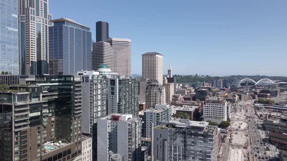 Aerial of downtown Seattle and Stadium