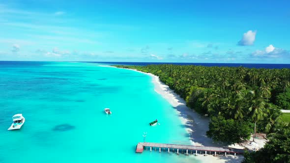 Aerial drone tourism of relaxing sea view beach break by turquoise sea and white sand background of 