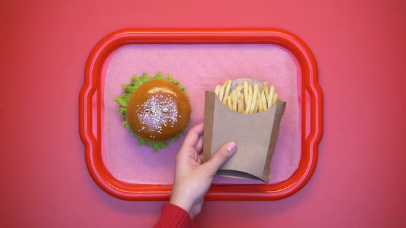 Buffet Customer Taking Crispy French Fries From Carton Package Hands, Fattening