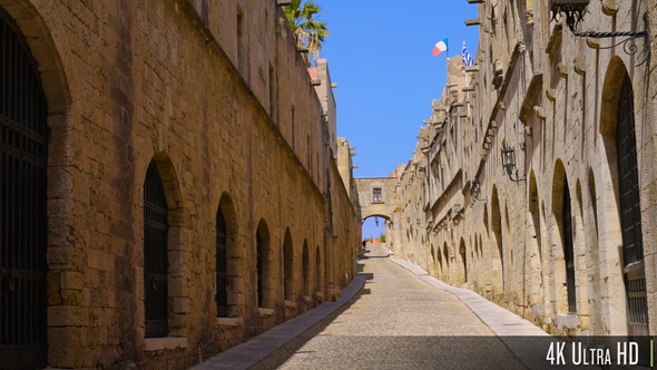 4K Empty Medieval Avenue of the Knights in Rhodes, Greece