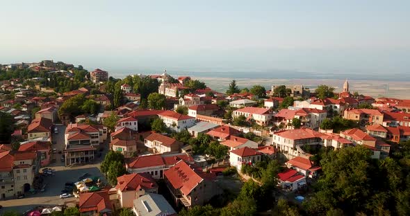 4K Georgia Kakheti Sighnaghi Aerial View Over Main Square, Colorful Lovely Orange Brick Hoses & Buil