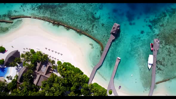 Aerial drone sky of idyllic bay beach time by clear water and white sand background of a dayout near