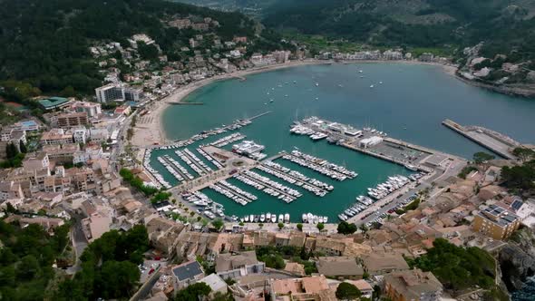 Beautiful Aerial Harbour of Port De Soller Mallorca Spain