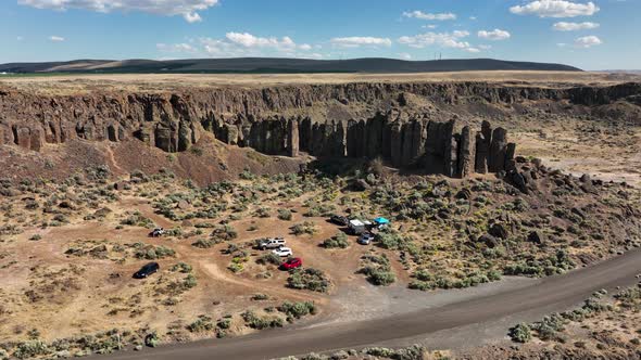 Orbiting aerial shot of the basalt columns perfect for rock climbing at Frenchman Coulee.