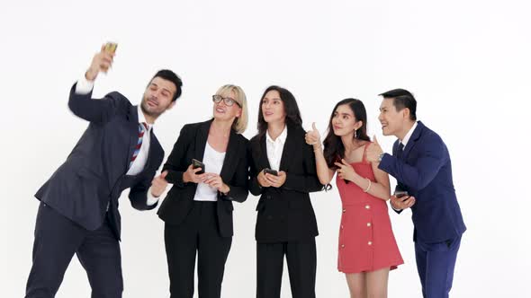 Diverse Business People selfie multi-ethnic business team using smartphone camera posing having fun