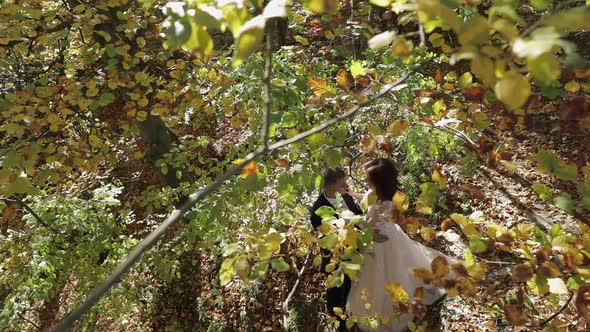 Groom with Bride in the Forest Park. Wedding Couple. Happy Family
