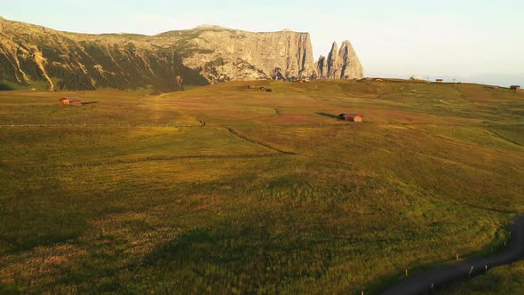 Sunrise drone aerial video in the Dolomites mountains