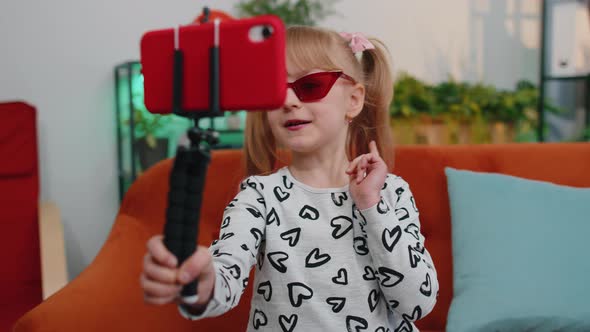 Smiling Children Girl Blogger Mobile Phone Video Call Remote Communication Greeting Waving Hand Talk