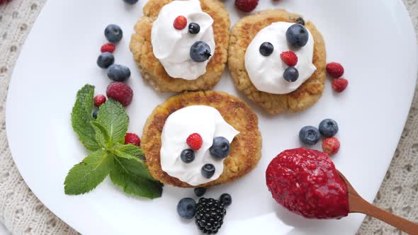 Vegan Pancakes For Breakfast With Fresh Berries. Healthy Food Concept.