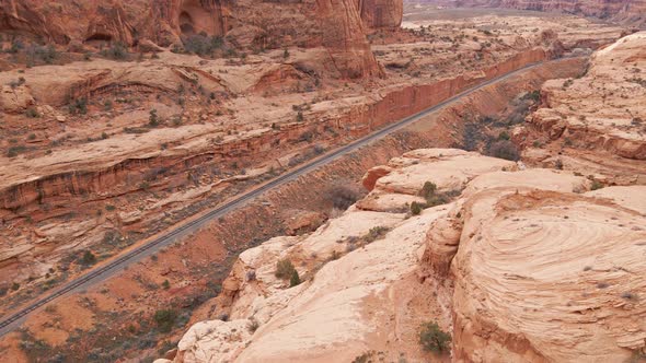 Aerial of railroad tracks near Moab, Utah