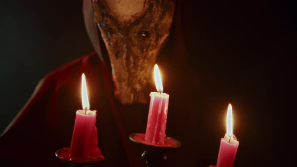 Devil with Cow Skull Head Making Rite Holding Burning Candles