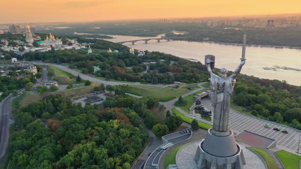 Drone Footage Aerial View of the Motherland Monument in Kiev Kyiv, Ukraine