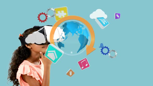 Girl using virtual reality headset with digitally generated icons 4k