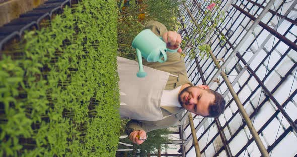 Vertical Video of a Man Waters Seedlings in a Greenhouse