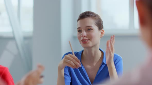 Confident Woman Having Conversation Partners Office