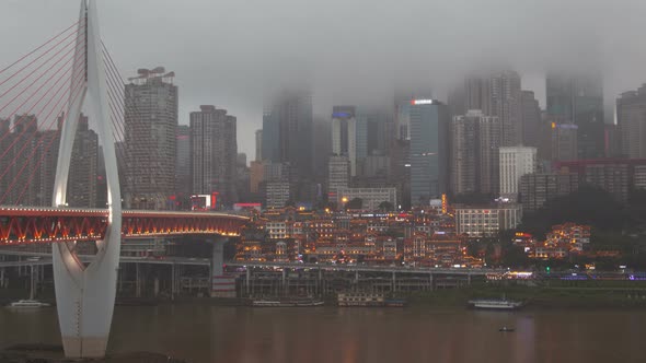 Chongqing/CHINA - Chongqing Hongyadong Night Cityscape China Timelapse Pan Up