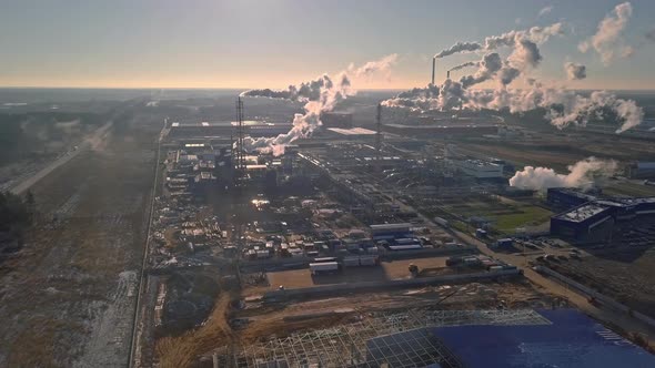 Aerial photography from drone of pipes of factories and factories