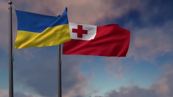 Tonga Flag Waving Along With The National Flag Of The Ukraine - 2K