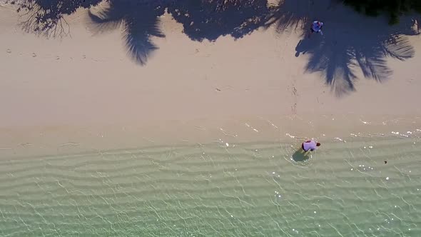 Aerial drone travel of tropical resort beach by blue lagoon and sand background