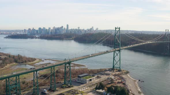 Aerial View Of Traffic At The Lions Gate Bridge In Vancouver, Canada.