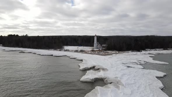 4k drone video of Sturgeon Point Lighthouse in Sturgeon Point Michigan in the winter.