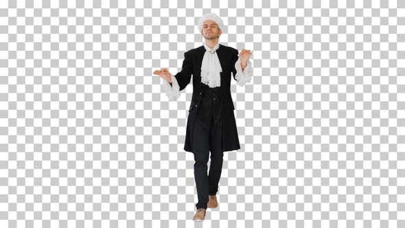 Man dressed like Mozart conducting while walking, Alpha Channel