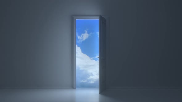 Doors opening to reveal beautiful sky in dark grey room