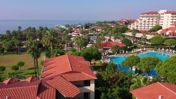 Panoramic View of Resort Hotel with Sea in the Background.