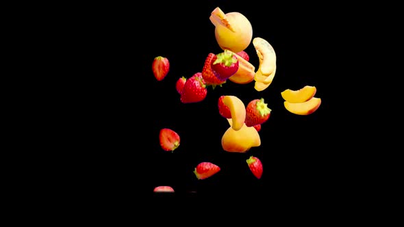 Peaches and Halves of Strawberries Falling on a Black Background