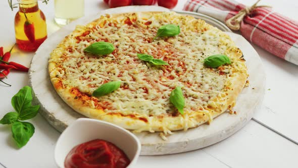 Delicious Italian Pizza Served on Wooden Table, Shot From Side