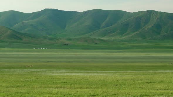 Mongolian Ger Yurts in Treeless Meadow