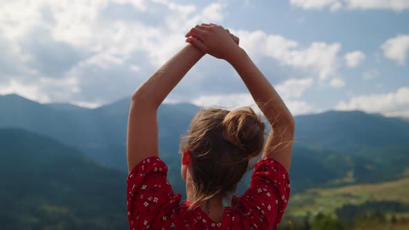 Woman Admiring Mountains View Standing on Hill Close Up