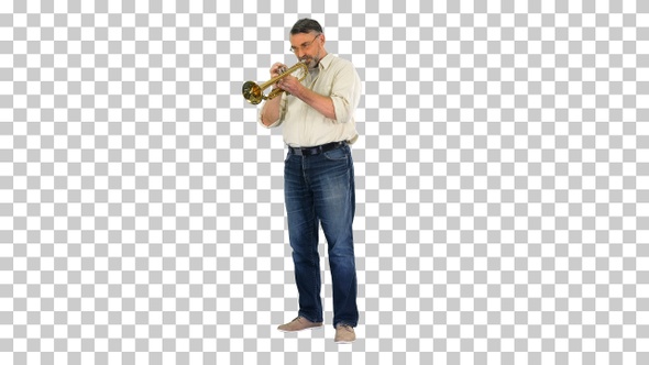 Senior musician playing a trumpet, Alpha Channel