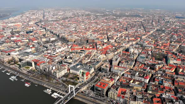 Beautiful morning flight over Budapest, Top view of the bridge Erzhebet and Danube, Hungary